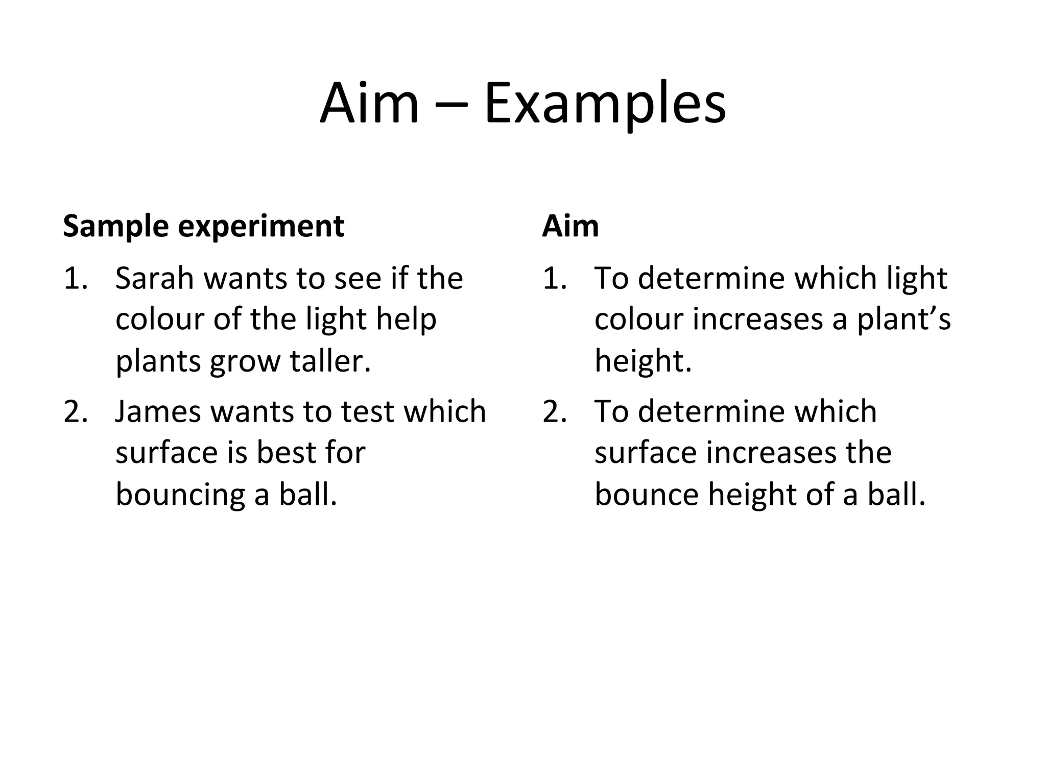 Aim	
  –	
  Examples	
  
Sample	
  experiment	
  
1.  Sarah	
  wants	
  to	
  see	
  if	
  the	
  
colour	
  of	
  the	
  light	
  help	
  
plants	
  grow	
  taller.	
  
2.  James	
  wants	
  to	
  test	
  which	
  
surface	
  is	
  best	
  for	
  
bouncing	
  a	
  ball.	
  
Aim	
  
1.  To	
  determine	
  which	
  light	
  
colour	
  increases	
  a	
  plant’s	
  
height.	
  
2.  To	
  determine	
  which	
  
surface	
  increases	
  the	
  
bounce	
  height	
  of	
  a	
  ball.	
  
 