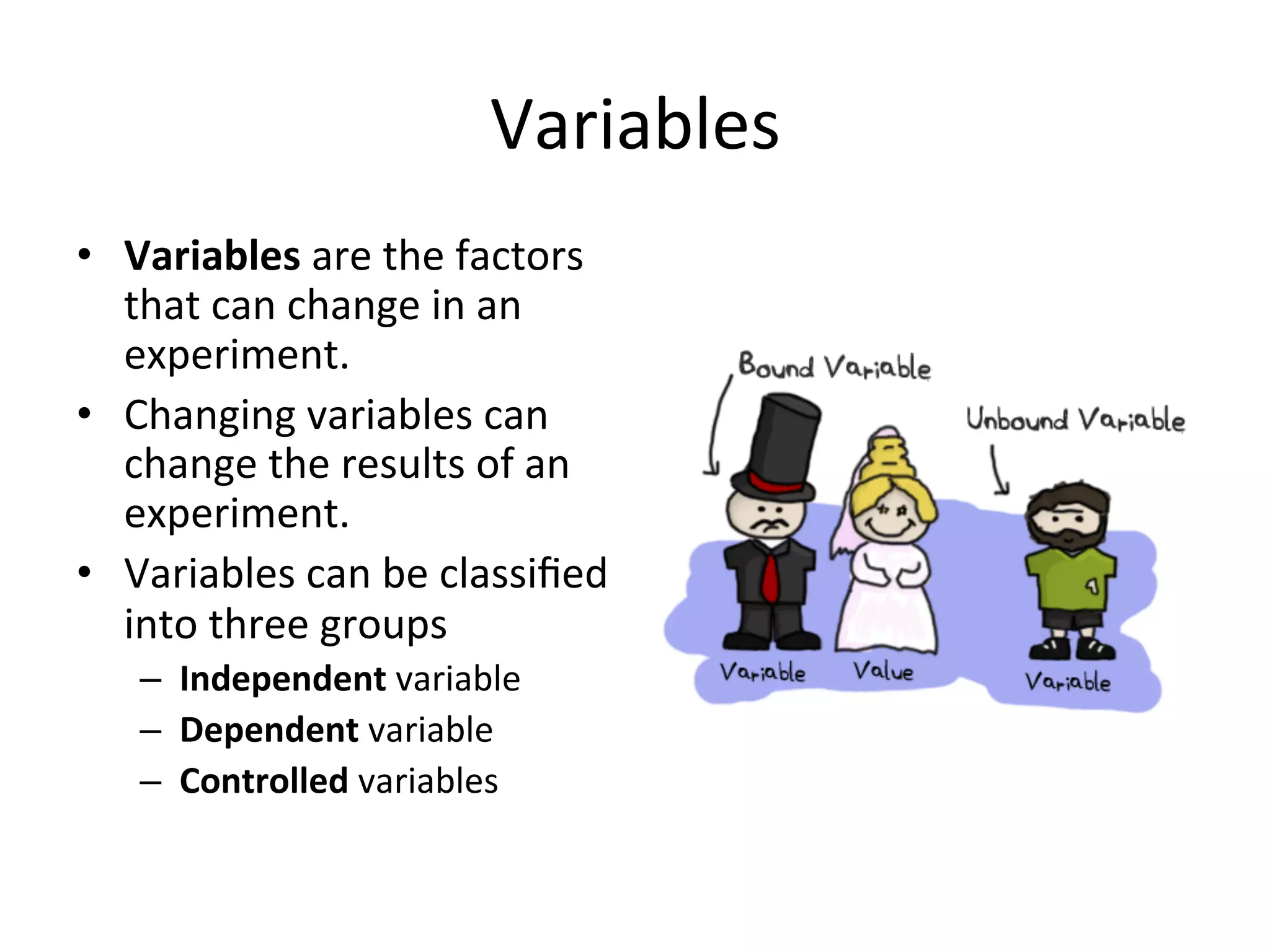 Variables	
  
•  Variables	
  are	
  the	
  factors	
  
that	
  can	
  change	
  in	
  an	
  
experiment.	
  	
  
•  Changing	
  variables	
  can	
  
change	
  the	
  results	
  of	
  an	
  
experiment.	
  
•  Variables	
  can	
  be	
  classiﬁed	
  
into	
  three	
  groups	
  
–  Independent	
  variable	
  
–  Dependent	
  variable	
  
–  Controlled	
  variables	
  
 