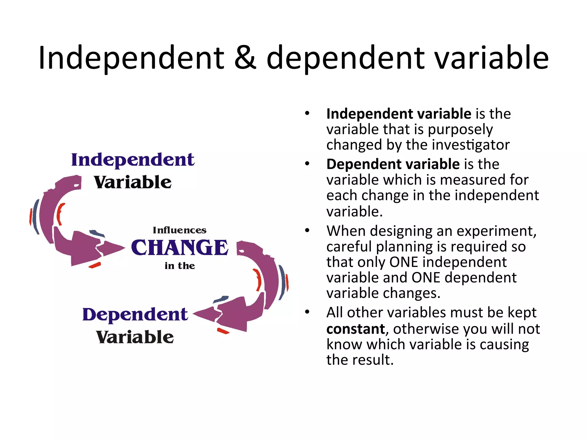 Independent	
  &	
  dependent	
  variable	
  
•  Independent	
  variable	
  is	
  the	
  
variable	
  that	
  is	
  purposely	
  
changed	
  by	
  the	
  inves<gator	
  
•  Dependent	
  variable	
  is	
  the	
  
variable	
  which	
  is	
  measured	
  for	
  
each	
  change	
  in	
  the	
  independent	
  
variable.	
  
•  When	
  designing	
  an	
  experiment,	
  
careful	
  planning	
  is	
  required	
  so	
  
that	
  only	
  ONE	
  independent	
  
variable	
  and	
  ONE	
  dependent	
  
variable	
  changes.	
  
•  All	
  other	
  variables	
  must	
  be	
  kept	
  
constant,	
  otherwise	
  you	
  will	
  not	
  
know	
  which	
  variable	
  is	
  causing	
  
the	
  result.	
  
 