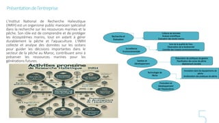 Présentationdel’entreprise
L'Institut National de Recherche Halieutique
(INRH) est un organisme public marocain spécialisé
dans la recherche sur les ressources marines et la
pêche. Son rôle est de comprendre et de protéger
les écosystèmes marins, tout en aidant à gérer
durablement la pêche et l'aquaculture. L'INRH
collecte et analyse des données sur les océans
pour guider les décisions importantes dans le
secteur de la pêche au Maroc, contribuant ainsi à
préserver les ressources marines pour les
générations futures.
Recherche et
Évaluation
Collecte de données
Analyse scientifique
Évaluation des stocks marins
Surveillance
Environnementale
Suivi de la qualité de l’eau
Observation de la biodiversité
Contrôle des impacts environnementaux
Gestion et
Développement
Élaboration de politiques de gestion
Planification des zones de pêche
déploiement durable
Technologie de
Pêche
Promotion et
Développement
de l'Aquaculture
Innovation dans les équipements de
pêche
Amélioration des pratiques de pêche
 