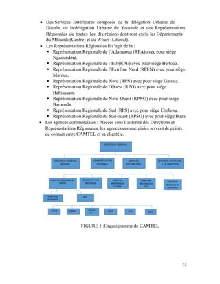 12
 Des Services Extérieures composés de la délégation Urbaine de
Douala, de la délégation Urbaine de Yaoundé et des Représentations
Régionales de toutes les dix régions dont sont exclu les Départements
du Mfoundi (Centre) et du Wouri (Littoral).
 Les Représentations Régionales Il s’agit de la :
 Représentation Régionale de l’Adamaoua (RPA) avec pour siège
Ngaoundéré.
 Représentation Régionale de l’Est (RPE) avec pour siège Bertoua.
 Représentation Régionale de l’Extrême Nord (RPEN) avec pour siège
Maroua.
 Représentation Régionale du Nord (RPN) avec pour siège Garoua.
 Représentation Régionale de l’Ouest (RPO) avec pour siège
Bafoussam.
 Représentation Régionale du Nord-Ouest (RPNO) avec pour siège
Bamenda.
 Représentation Régionale du Sud (RPS) avec pour siège Ebolawa.
 Représentation Régionale du Sud-ouest (RPSO) avec pour siège Buea.
 Les agences commerciales : Placées sous l’autorité des Directions et
Représentations Régionales, les agences commerciales servent de points
de contact entre CAMTEL et sa clientèle.
FIGURE 1 :Organigramme de CAMTEL
 