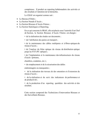 15
compétence. Il produit un reporting hebdomadaire des activités et
des résultats à l’attention de la hiérarchie.
Le CRAF est organisé comme suit :
 Le Bureau d’Ordre ;
 La Section Nœuds d’Accès ;
 La Section Réseaux d’Accès Filaires ;
 La Section Statistiques et Reporting.
En ce qui concerne le SRAF, elle est placée sous l’autorité d’un Chef
de Section, la Section Réseaux d’Accès Filaires est chargée :
• de la réalisation des études sur documents ;
• de l’attribution des paires en transport ;
• de la maintenance des câbles multipares et à fibres optiques du
réseau d’accès ;
• de l’analyse du bilan optique du réseau de distribution optique
jusqu’au FAT (PC optique) ;
• de l’implantation et la maintenance des infrastructures du réseau
d’accès (poteaux,
chambres, conduites, etc.) ;
• du remplacement et de la sécurisation des dalles
endommagées ou manquantes ;
• de la réalisation des travaux de des saturation et d’extension du
réseau d’accès ;
• de la réalisation et du suivi des indicateurs de performance et
de productivité ;
• de la production d’un reporting quotidien des activités et des
résultats.
Cette section comprend des Techniciens d’intervention Réseaux et
des Surveillants Réseaux.
 