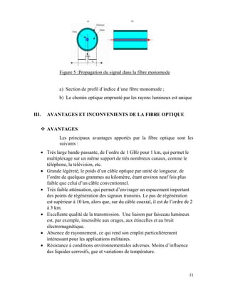 21
Figure 5 :Propagation du signal dans la fibre monomode
a) Section de profil d’indice d’une fibre monomode ;
b) Le chemin optique emprunté par les rayons lumineux est unique
III. AVANTAGES ET INCONVENIENTS DE LA FIBRE OPTIQUE
 AVANTAGES
Les principaux avantages apportés par la fibre optique sont les
suivants :
 Très large bande passante, de l’ordre de 1 GHz pour 1 km, qui permet le
multiplexage sur un même support de très nombreux canaux, comme le
téléphone, la télévision, etc.
 Grande légèreté, le poids d’un câble optique par unité de longueur, de
l’ordre de quelques grammes au kilomètre, étant environ neuf fois plus
faible que celui d’un câble conventionnel.
 Très faible atténuation, qui permet d’envisager un espacement important
des points de régénération des signaux transmis. Le pas de régénération
est supérieur à 10 km, alors que, sur du câble coaxial, il est de l’ordre de 2
à 3 km.
 Excellente qualité de la transmission. Une liaison par faisceau lumineux
est, par exemple, insensible aux orages, aux étincelles et au bruit
électromagnétique.
 Absence de rayonnement, ce qui rend son emploi particulièrement
intéressant pour les applications militaires.
 Résistance à conditions environnementales adverses. Moins d’influence
des liquides corrosifs, gaz et variations de température.
 