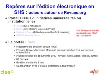 Repères sur l’édition électronique en SHS :  acteurs autour de Revues.org Portails issus d’initiatives universitaires ou institutionnelles Jstor  pour le rétrospectif Muse  (John Hopkins University Press) Highwire Press  (Bibliothèque de Stanford University) MCB University Press Le portail  Erudit Plateforme de diffusion depuis 1998 Presses Universitaires de Montréal, puis constitution d’un consortium universitaire Plusieurs types de documents SHS : revues, livres, actes, thèses, autres 66 revues Barrière mobile de 2 ans Collaboration avec d’autres plateformes dont Persée Voir la disponiblité des ressources sur l’ENT de l’Université 