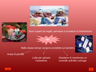 Sono coperti da regali, permessi e occasioni di divertimento MA Nello stesso tempo vengono proiettati sul bambino  Ansia di perdita Lotta per salvare l’autostima Desiderio di mantenere un  controllo sull’altro coniuge 