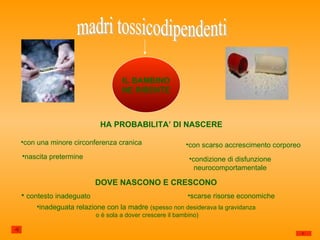 madri tossicodipendenti IL BAMBINO NE RISENTE con una minore circonferenza cranica con scarso accrescimento corporeo HA PROBABILITA’ DI NASCERE nascita pretermine condizione di disfunzione neurocomportamentale DOVE NASCONO E CRESCONO contesto inadeguato scarse risorse economiche inadeguata relazione con la madre  (spesso non desiderava la gravidanza o è sola a dover crescere il bambino) 