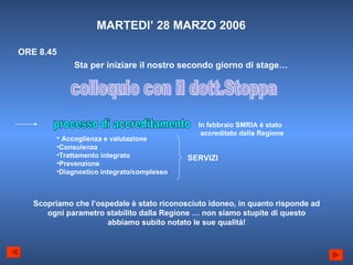 MARTEDI’ 28 MARZO 2006 ORE 8.45  Sta per iniziare il nostro secondo giorno di stage… colloquio con il dott.Stoppa processo di accreditamento In febbraio SMRIA è stato accreditato dalla Regione Accoglienza e valutazione Consulenza Trattamento integrato Prevenzione Diagnostico integrato/complesso Scopriamo che l’ospedale è stato riconosciuto idoneo, in quanto risponde ad ogni parametro stabilito dalla Regione … non siamo stupite di questo abbiamo subito notato le sue qualità! SERVIZI 