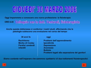 GIOVEDI' 30 MARZO 2006 Oggi impareremo a conoscere una nuova professione: la fisioterapia ORE 8.45  Colloquio con la dott. Venturoli, fisioterapista Anche questa dottoressa ci conferma i nostri studi, affermando che le  patologie subiscono una evoluzione nel corso del tempo 30 anni fa oggi Rachitismo Morbo di Cooley Paralisi cerebrali infantili Problemi dell’apprendimento Iperattività Depressione Anoressia Bulimia Problemi legati alla separazione dei genitori Siamo contente nell’imparare che saremmo spettatrici di due trattamenti fisioterapeutici 