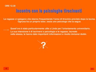 ORE 12.30 Incontro con le psicologhe tirocinanti Le ragazze ci spiegano che stanno frequentando l’anno di tirocinio previsto dopo la laurea. Ognuna ha un proprio tutor, ossia uno psicologo che la segue. Quest’ora è stata particolarmente utile a Linda per l’orientamento universitario. La sua intenzione è di iscriversi a psicologia e le ragazze, laureate nella stessa, le hanno dato importanti informazioni e risolto immensi dubbi. ? 