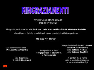 RINGRAZIAMENTI VORREMMO RINGRAZIARE MOLTE PERSONE Un grazie particolare va alla  Prof.ssa Lucia Marchetti  e al  Dott. Giovanni Polletta che ci hanno dato la possibilità di vivere questa irripetibile esperienza MA GRAZIE ANCHE… Alla collaborazione della  Prof.ssa Diana Visentini All’esperienza di tutte le  logopediste , le  educatrici , le  fisioterapiste Alla professionalità del  dott. Stoppa ,  della  dott.ssa Venturoli , della  Dott.ssa Merlin  e  della  dott.ssa Cavallini Alla disponibilità di tutte le  tirocinanti Ai genitori che ci hanno dato la possibilità di assistere ai trattamenti dei loro figli 