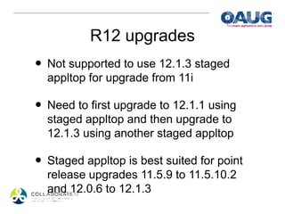 R12 upgrades
• Not supported to use 12.1.3 staged
  appltop for upgrade from 11i

• Need to first upgrade to 12.1.1 using
  staged appltop and then upgrade to
  12.1.3 using another staged appltop

• Staged appltop is best suited for point
  release upgrades 11.5.9 to 11.5.10.2
  and 12.0.6 to 12.1.3
 