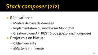    Réalisations :
     Modèle de base de données
     Implémentation du modèle sur MongoDB
     Création d’une API RES...