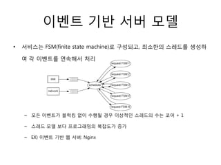 이벤트 기반 서버 모델
•   서비스는 FSM(finite state machine)로 구성되고, 최소한의 스레드를 생성하

    여 각 이벤트를 연속해서 처리




    – 모든 이벤트가 블럭킹 없이 수행될 경우 이상적인 스레드의 수는 코어 + 1

    – 스레드 모델 보다 프로그래밍의 복잡도가 증가

    – EX) 이벤트 기반 웹 서버: Nginx
 