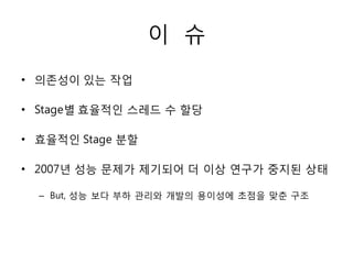 이 슈
• 의존성이 있는 작업

• Stage별 효율적인 스레드 수 할당

• 효율적인 Stage 분할

• 2007년 성능 문제가 제기되어 더 이상 연구가 중지된 상태

  – But, 성능 보다 부하 관리와 개발의 용이성에 초점을 맞춘 구조
 