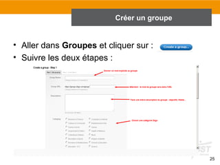 Créer un groupe

• Aller dans Groupes et cliquer sur :
• Suivre les deux étapes :

25

 