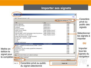 Importer ses signets

Caractère
privé ou
public des
signets
Sélectionner
les signets à
importer
OU
Importer
tous les
signets du
navigateur

Mettre en
édition le
signet pour
le compléter
Caractère privé ou public
du signet sélectionné

32

 