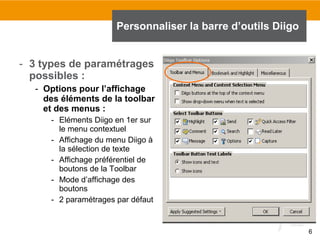Personnaliser la barre d’outils Diigo
- 3 types de paramétrages
possibles :
- Options pour l’affichage
des éléments de la toolbar
et des menus :
- Eléments Diigo en 1er sur
le menu contextuel
- Affichage du menu Diigo à
la sélection de texte
- Affichage préférentiel de
boutons de la Toolbar
- Mode d’affichage des
boutons
- 2 paramétrages par défaut

6

 