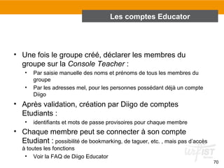Les comptes Educator

• Une fois le groupe créé, déclarer les membres du
groupe sur la Console Teacher :
•
•

Par saisie manuelle des noms et prénoms de tous les membres du
groupe
Par les adresses mel, pour les personnes possédant déjà un compte
Diigo

• Après validation, création par Diigo de comptes
Etudiants :
•

identifiants et mots de passe provisoires pour chaque membre

• Chaque membre peut se connecter à son compte
Etudiant : possibilité de bookmarking, de taguer, etc. , mais pas d’accès
à toutes les fonctions
• Voir la FAQ de Diigo Educator
70

 