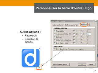 Personnaliser la barre d’outils Diigo

- Autres options :
- Raccourcis
- Détection de
médias

8

 