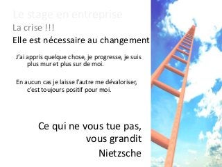 Le stage en entreprise
La crise !!!
Elle est nécessaire au changement
J’ai appris quelque chose, je progresse, je suis
plus mur et plus sur de moi.
En aucun cas je laisse l’autre me dévaloriser,
c’est toujours positif pour moi.
Ce qui ne vous tue pas,
vous grandit
Nietzsche
 