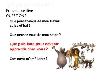 Le stage en entreprise
Pensée positive
QUESTIONS
Que pensez-vous de mon travail
aujourd’hui ?
Que pensez-vous de mon stage ?
Que puis faire pour devenir
apprentis chez vous ?
Comment m’améliorer ?
 