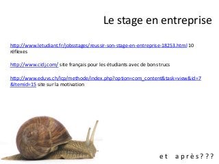 e t a p r è s ? ? ?
http://www.letudiant.fr/jobsstages/reussir-son-stage-en-entreprise-18253.html 10
réflexes
http://www.cidj.com/ site français pour les étudiants avec de bons trucs
http://www.eduvs.ch/lcp/methode/index.php?option=com_content&task=view&id=7
&Itemid=15 site sur la motivation
Le stage en entreprise
 