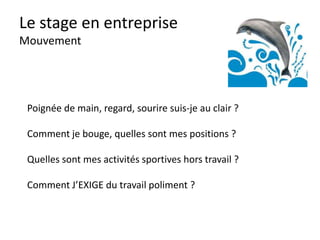 Le stage en entreprise
Pendant le stage : 5 attitudes
Les attitudes:
La manière dont l’autre nous «voit»
Elles passent par :
le regard
le visage
la position du corps
la manière de bouger
les habits
la parole : les mots, le ton
 