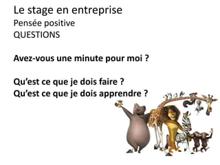 Le stage en entreprise
Serviabilité
Qu’avez-vous pensé de mon travail ?
Comment puis-je m’améliorer ?
Qu’attendez-vous de moi ?
 