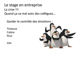 Le stage en entreprise
La crise : comment agir
• Attaquer
• Fuir
• Coopérer
 