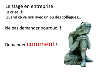 Le stage en entreprise
Passer par le corps
Comment je me tiens ?
Comment je bouge ?
 