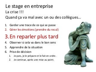 Le stage en entreprise
La crise !!!
Quand ça va mal avec un ou des collègues…
1. Garder une trace de ce qui se passe
2. Gérer les émotions (prendre du recul)
3.En reparler plus tard
4. Observer si cela va dans le bon sens
5. Apprendre de la situation
6. Prise de décision
1. Je pars, je le prépare et le fait en ordre.
2. Je continue, après une mise au point.
 