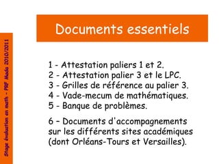 Documents essentiels
Stage évaluation en math – PRF Mada 2010/2011




                                                1 - Attestation paliers 1 et 2.
                                                2 - Attestation palier 3 et le LPC.
                                                3 - Grilles de référence au palier 3.
                                                4 - Vade-mecum de mathématiques.
                                                5 - Banque de problèmes.
                                                6 – Documents d'accompagnements
                                                sur les différents sites académiques
                                                (dont Orléans-Tours et Versailles).
 