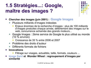 1.4 Repères techniques :  évolutions en cours Projet Google Caffeine  :  Nouvelle architecture technique pour le crawl et l’indexation En beta test depuis août 2009 Objectifs : Améliorer vitesse de collecte, d’indexation des documents, d’affichage des résultats… Reposerait sur les technologies de « cloud computing » Lancement en décembre 09 (sur un seul Data Center, 50% du temps) Déploiement à venir Voir articles :  L.  Bourrelly   O. Andrieu 