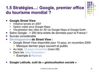 1.5 Stratégies...: Google, premier éducateur mondial ? Literacy Project   Lutter contre l’analphabétisme  (septembre 2006)  Diffusion de contenus favorisant le développement de la lecture et de l’éducation: Coopération  : soutien de campagnes, projets Livres, vidéos, articles scientifiques, LitCam, blogs... Partenariat Google / UNESCO / LitCam Site en  français La  journée   mondiale   du   livre  avec le Literacy Project  (avril 2008) Google Apps Education   = outils gratuits de communication, de collaboration et de publication Développement dans l’enseignement supérieur 1er établissement français : Portail My Esc Lille :  http:// partnerpage.google.com / esc-lille.fr Moteur de recherche, Google Docs, Google Talk, Google Agenda, Gmail… Dans de nombreuses universités de par le monde Le Tout-Google  ? 