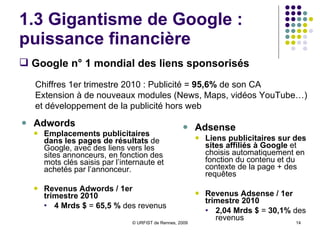 1.3 Gigantisme de Google : puissance financière Adwords Emplacements publicitaires dans les pages de résultats  de Google, avec des liens vers les sites annonceurs, en fonction des mots clés saisis par l’internaute et achetés par l’annonceur. Revenus Adwords / 1er trimestre 2010 4 Mrds $  =  65,5 %  des revenus Adsense   Liens publicitaires sur des sites affiliés à Google  et choisis automatiquement en fonction du contenu et du contexte de la page + des requêtes Revenus Adsense / 1er trimestre 2010 2,04 Mrds $  =  30,1%  des revenus Google n° 1 mondial des liens sponsorisés Chiffres 1er trimestre 2010 : Publicité =  95,6%  de son CA  Extension à de nouveaux modules (News, Maps, vidéos  YouTube…)  et développement de la publicité hors web 