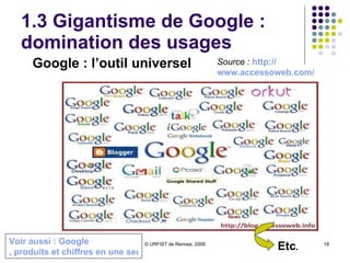 1.3 Gigantisme de Google :  domination des usages Source :   http:// www.accessoweb.com / Etc . Google : l’outil universel Voir aussi :  Google , produits et chiffres en une seule image 