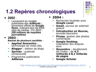 1.2 Repères chronologiques 2002  :  Lancement du modèle publicitaire des  AdWords ;  lancement officiel de  Google News , indexant plus de 4000 sites de médias ; Fin 2002 :  250 millions de requêtes journalières 2003  : Rachat de plusieurs sociétés  :   Applied Semantics  : technologie de mots-clés Blogger  : édition de blogs Sprinks  : publicité contextuelle Programme publicitaire  AdSense 2004 :  Recherche localisée avec  Google Local .  Gmail , service de webmail gratuit  Introduction en Bourse,  envolée boursière Picasa , gestion des photos numériques Google Desktop , indexation des disques durs  Novembre  : doublement de l’index : de  4,3 milliards à 8,1 millards de pages Google Scholar http:// www.journaldunet.com/dossiers/google/historique.shtml 