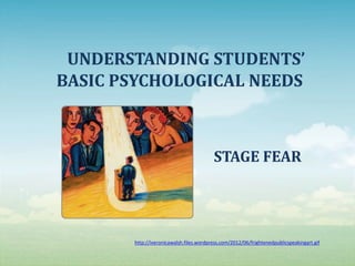 UNDERSTANDING STUDENTS’
BASIC PSYCHOLOGICAL NEEDS
STAGE FEAR
http://iveronicawalsh.files.wordpress.com/2012/06/frightenedpublicspeakingart.gif
 