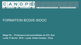 FORMATION BCDI/E-SIDOC
Stage FIL - Professeurs-documentalistes du GTL Sud
Lundi 11 février 2019 – Lycée Emile Combes - Pons
 