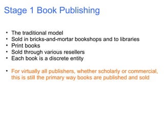 Stage 1 Book Publishing The traditional model Sold in bricks-and-mortar bookshops and to libraries Print books Sold through various resellers Each book is a discrete entity For virtually all publishers, whether scholarly or commercial, this is still the primary way books are published and sold 