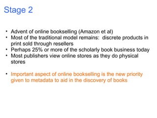 Stage 2 Advent of online bookselling (Amazon et al) Most of the traditional model remains:  discrete products in print sold through resellers Perhaps 25% or more of the scholarly book business today Most publishers view online stores as they do physical stores Important aspect of online bookselling is the new priority given to metadata to aid in the discovery of books 
