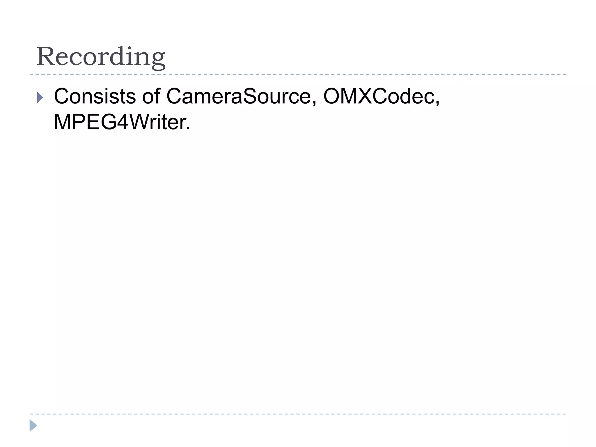 Recording
   Consists of CameraSource, OMXCodec,
    MPEG4Writer.
 