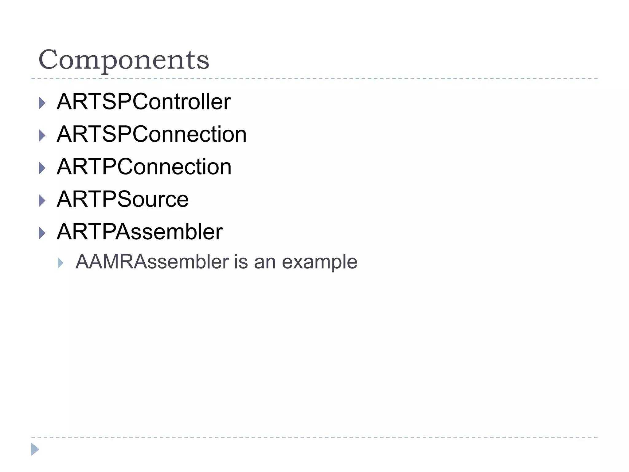 Components
   ARTSPController
   ARTSPConnection
   ARTPConnection
   ARTPSource
   ARTPAssembler
       AAMRAssembler is an example
 