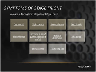 SYMPTOMS OF STAGE FRIGHT
  You are suffering from stage fright if you have



     Dry mouth         Tight throat      Sweaty hands     Cold hands


                     Give me a hand
                                            Nausea
    Shaky hands      (Oops, I couldn't                    Fast pulse
                                           (Sickness)
                          resist)


                       Shaky knees       Trembling lips




                                                                PUNJABIANS
 