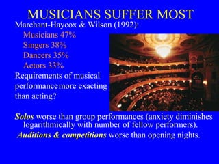 MUSICIANS SUFFER MOST
Marchant-Haycox & Wilson (1992):
Musicians 47%
Singers 38%
Dancers 35%
Actors 33%
Requirements of mu...