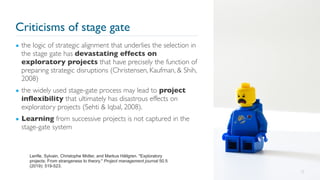 Criticisms of stage gate
▪ the logic of strategic alignment that underlies the selection in
the stage gate has devastating effects on
exploratory projects that have precisely the function of
preparing strategic disruptions (Christensen, Kaufman, & Shih,
2008)
▪ the widely used stage-gate process may lead to project
inflexibility that ultimately has disastrous effects on
exploratory projects (Sehti & Iqbal, 2008).
▪ Learning from successive projects is not captured in the
stage-gate system
35
Lenfle, Sylvain, Christophe Midler, and Markus Hällgren. "Exploratory
projects: From strangeness to theory." Project management journal 50.5
(2019): 519-523.
 