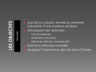 Les « arts du visuel »École primaireLes périodeshistoriquesDe la Préhistoire à l’Antiquitégallo-romaineLe Moyen-âge ;