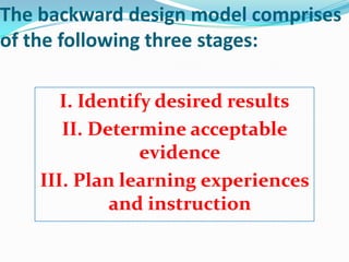 The backward design model comprises
of the following three stages:

       I. Identify desired results
       II. Determine acceptable
                 evidence
    III. Plan learning experiences
             and instruction
 