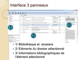 Interface 3 panneaux

3

1
2
1/ Bibliothèque et dossiers
 2/ Eléments du dossier sélectionné
 3/ Informations bibliographiques de
l’élément sélectionné


 