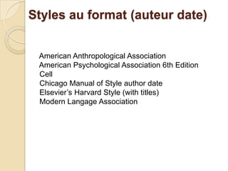 Styles au format (auteur date)
American Anthropological Association
American Psychological Association 6th Edition
Cell
Ch...
